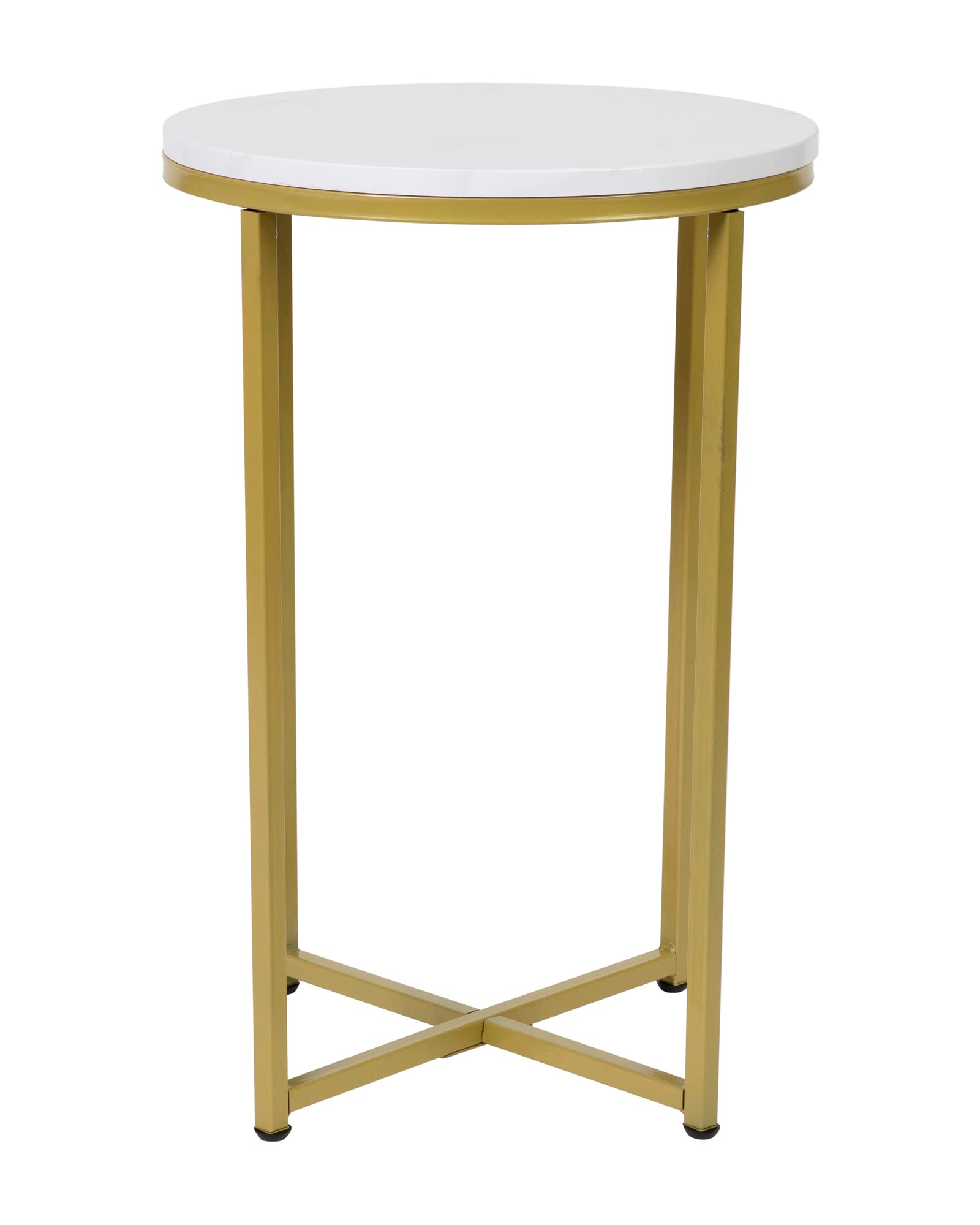 Flash Furniture Hampstead Collection End Table - Modern White Marble Finish End Table - Crisscross Brushed Gold Frame